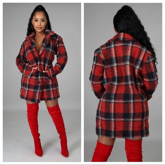 WOMEN’S RED COLLAR PLAID FLANNEL PLUSH TEDDY COAT - Picture 3 of 12